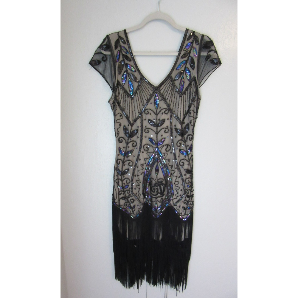 UNIQUE VINTAGE Black Sequins Beads Flapper M Roaring 20's Fringe Dress BR59